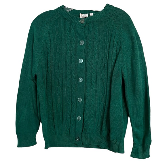 Vintage Green Cable Knit Button Up Cardigan Sz 40 Med EUC Beautiful Buttons - Picture 3 of 12